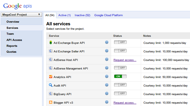Google APIs Console: All Services